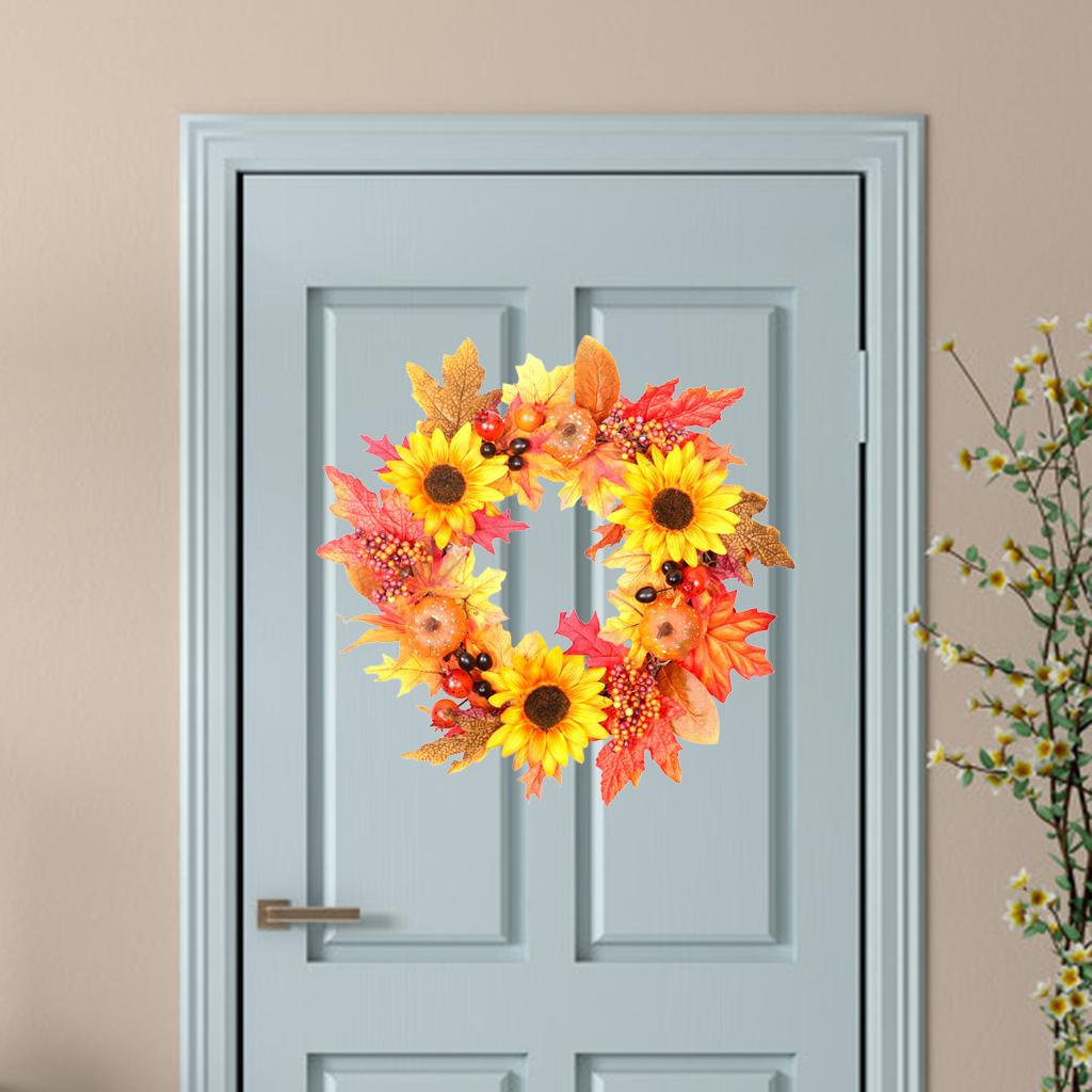 Maxbell 17.7inch Large Round Maple Leaves Sun Flower Wreath Front Door Garland Decor