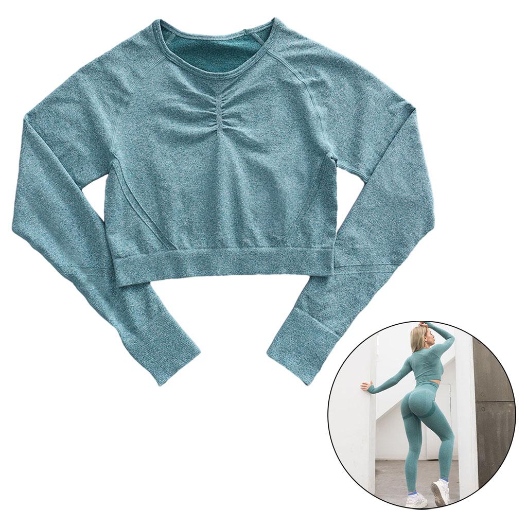 Maxbell Womens Yoga Suit Shorts Crop Top Long Sleeves Workout Pants Outfit Gym Long Sleeve S