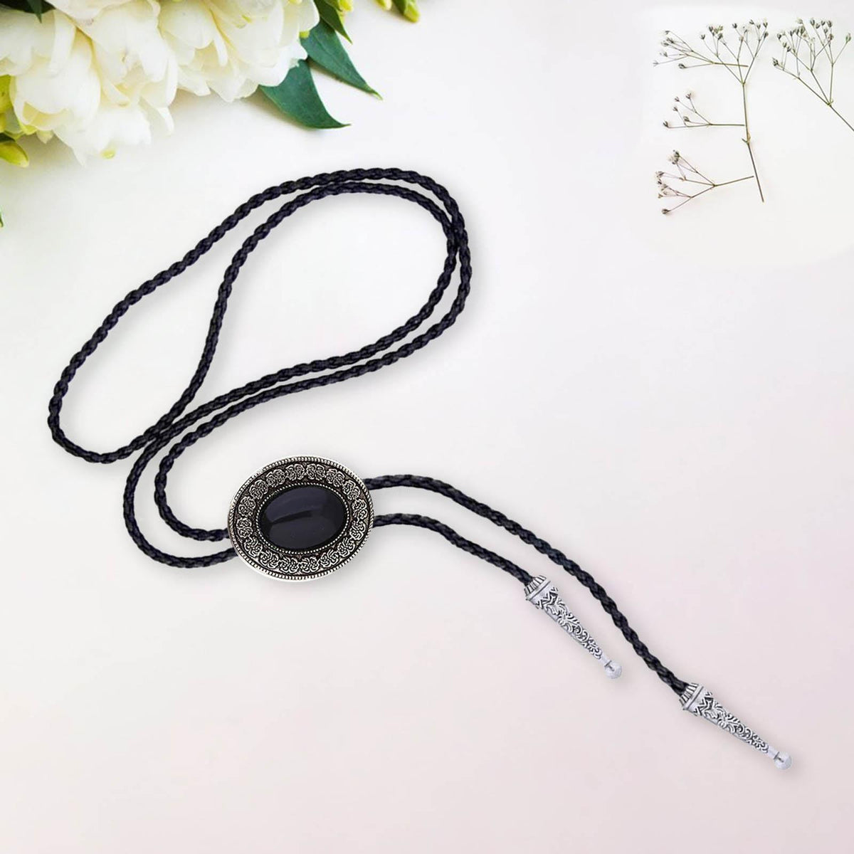 Maxbell Western Cowboy Bolo Tie for Men Bola Tie Collar Rope with Natural Stone Black