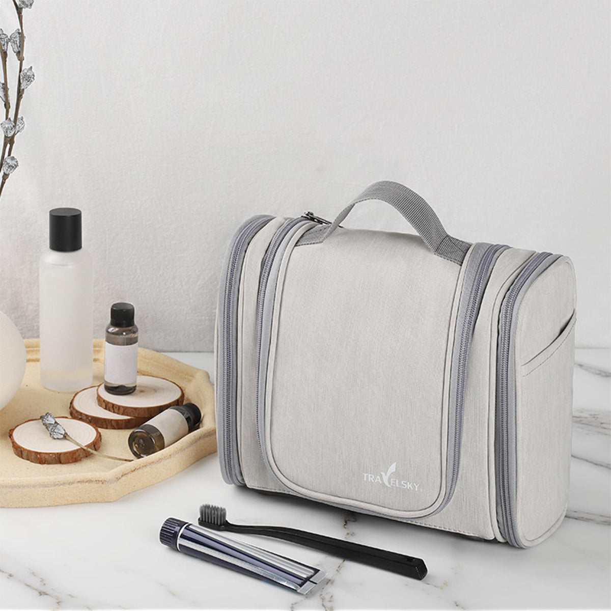 Maxbell Toiletry Bag with Zippers Handle Lightweight Waterproof Large Capacity Light Gray
