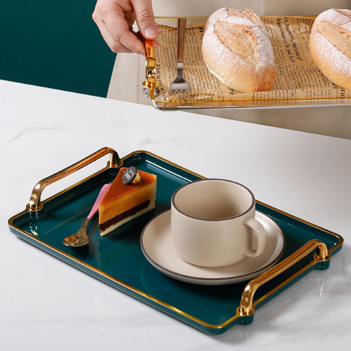 Maxbell Decorative Serving Tray with Handles Plastic for Party Organizer Storage dark green