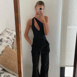 Maxbell Womens One Shoulder Bodysuit Jumpsuit Cut Out Top Sleeveless Plain M Black