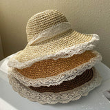 Maxbell Women Sun Straw Hat Foldable with Lace Chain Strap Caps Floppy Summer Khaki