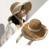 Maxbell Women Sun Straw Hat Foldable with Lace Chain Strap Caps Floppy Summer Khaki