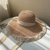 Maxbell Women Sun Straw Hat Foldable with Lace Chain Strap Caps Floppy Summer Pink