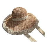 Maxbell Women Sun Straw Hat Foldable with Lace Chain Strap Caps Floppy Summer Pink