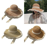 Maxbell Women Sun Straw Hat Foldable with Lace Chain Strap Caps Floppy Summer Pink