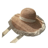 Maxbell Women Sun Straw Hat Foldable with Lace Chain Strap Caps Floppy Summer Pink