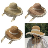 Maxbell Women Sun Straw Hat Foldable with Lace Chain Strap Caps Floppy Summer Pink