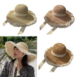 Maxbell Women Sun Straw Hat Foldable with Lace Chain Strap Caps Floppy Summer Pink