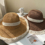 Maxbell Women Sun Straw Hat Foldable with Lace Chain Strap Caps Floppy Summer Beige