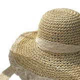 Maxbell Women Sun Straw Hat Foldable with Lace Chain Strap Caps Floppy Summer Beige