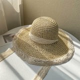 Maxbell Women Sun Straw Hat Foldable with Lace Chain Strap Caps Floppy Summer Beige