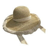 Maxbell Women Sun Straw Hat Foldable with Lace Chain Strap Caps Floppy Summer Beige