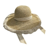 Maxbell Women Sun Straw Hat Foldable with Lace Chain Strap Caps Floppy Summer Beige