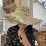 Maxbell Women Sun Straw Hat Foldable with Lace Chain Strap Caps Floppy Summer Beige