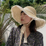 Maxbell Women Sun Straw Hat Foldable with Lace Chain Strap Caps Floppy Summer Beige