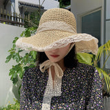 Maxbell Women Sun Straw Hat Foldable with Lace Chain Strap Caps Floppy Summer Beige