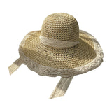 Maxbell Women Sun Straw Hat Foldable with Lace Chain Strap Caps Floppy Summer Beige