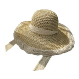 Maxbell Women Sun Straw Hat Foldable with Lace Chain Strap Caps Floppy Summer Beige