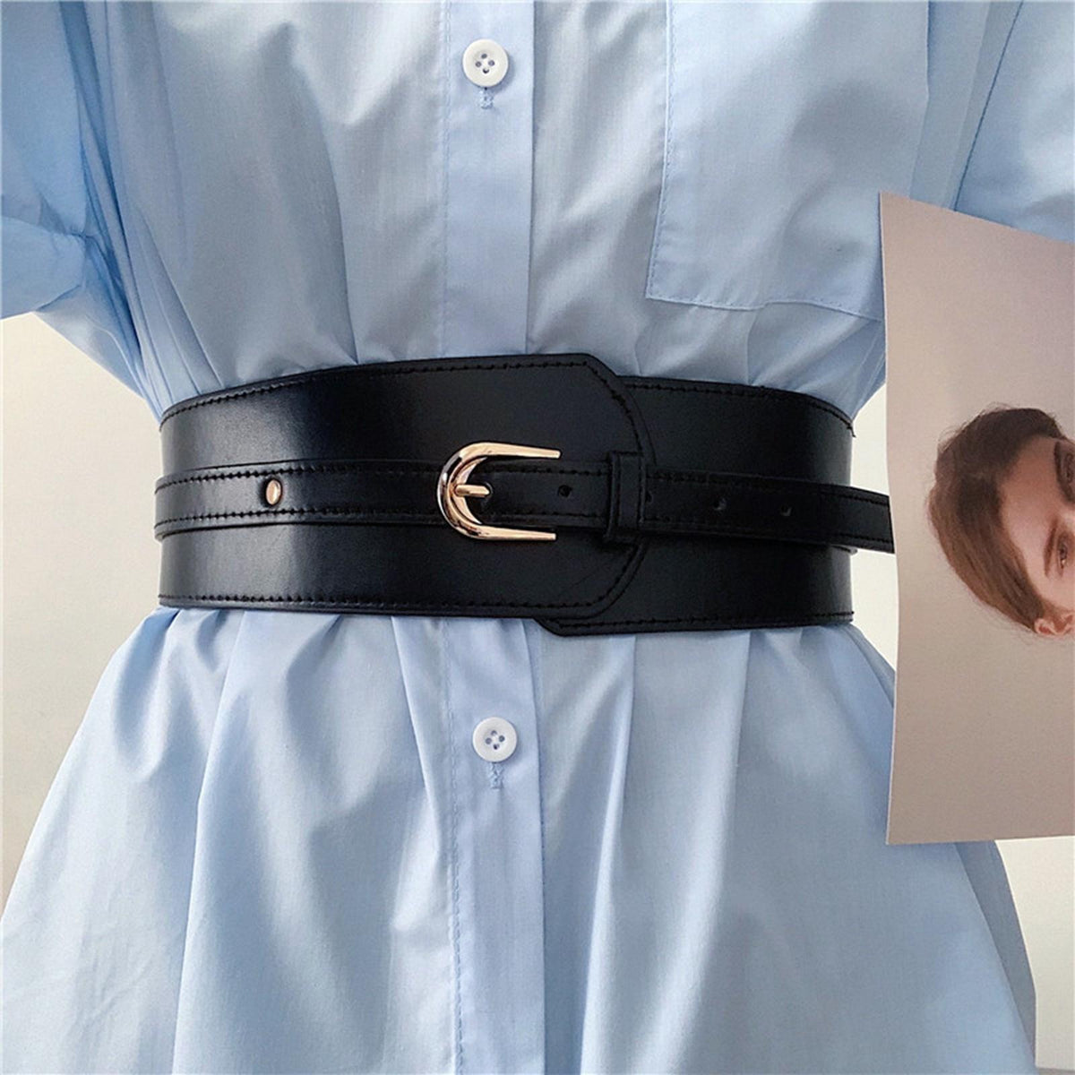 Maxbell Luxury Women Wide Stretchy Belt PU Leather Fashion for Ladies Coat Blouse Black