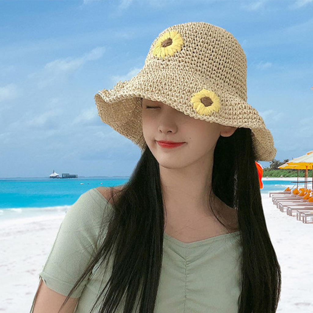 Maxbell Women Summer Straw Hat Visor Fold Roll Up Wide Brim Open Top Sun caps beige