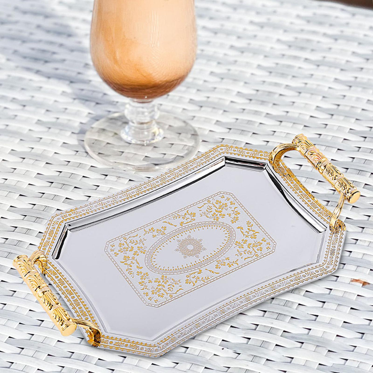 Maxbell Stainless Steel Pattern Tray Fruit Plate for Household Home Kitchen Parties gold m