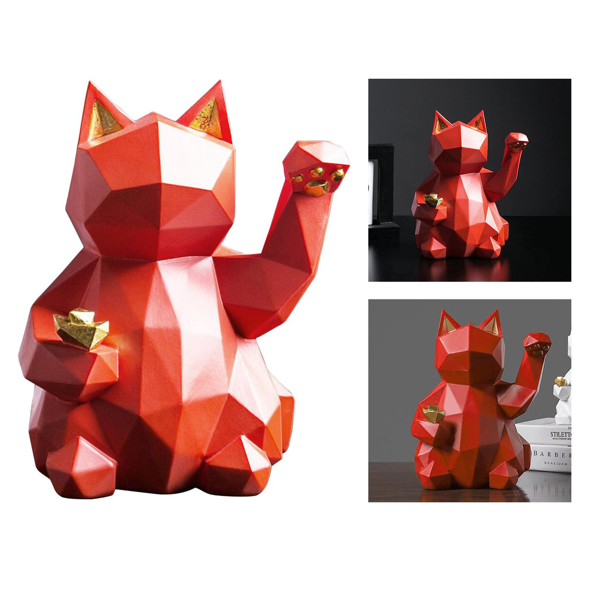 Maxbell Lucky Cat Resin Figurine Lifelike Animal Sculpture Statue Home Decor Red
