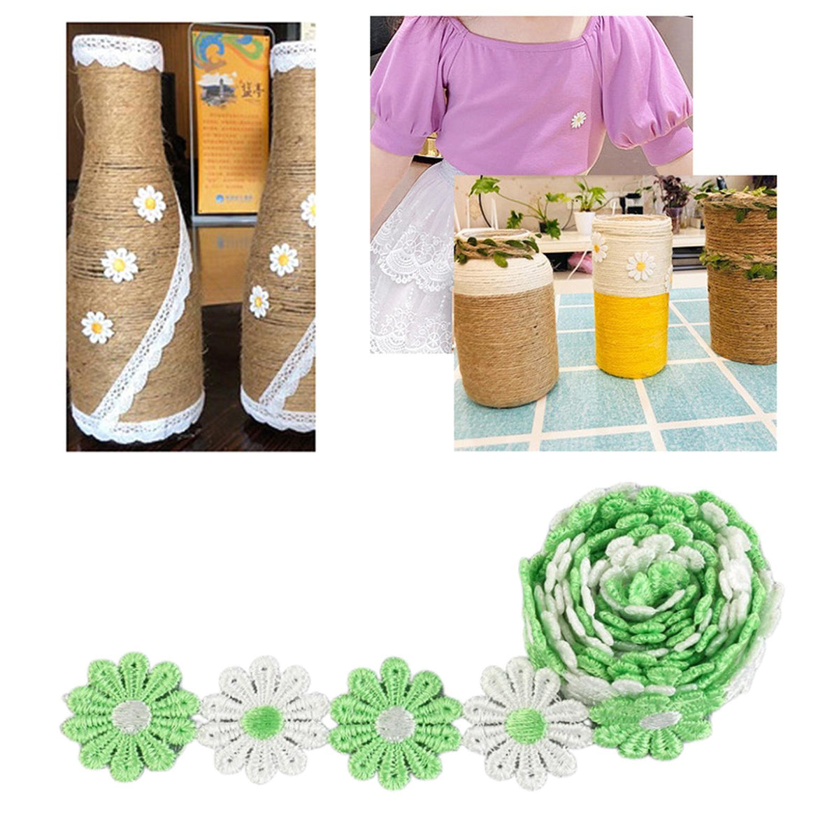 Maxbell 5Yards Daisy Flower Lace And Ribbon Trim Colorful for Sewing and Embellish White Green