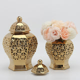 Maxbell Ceramic Ginger Jar Flower Vase with Lid Flower Plants Holder for Decor Golden L