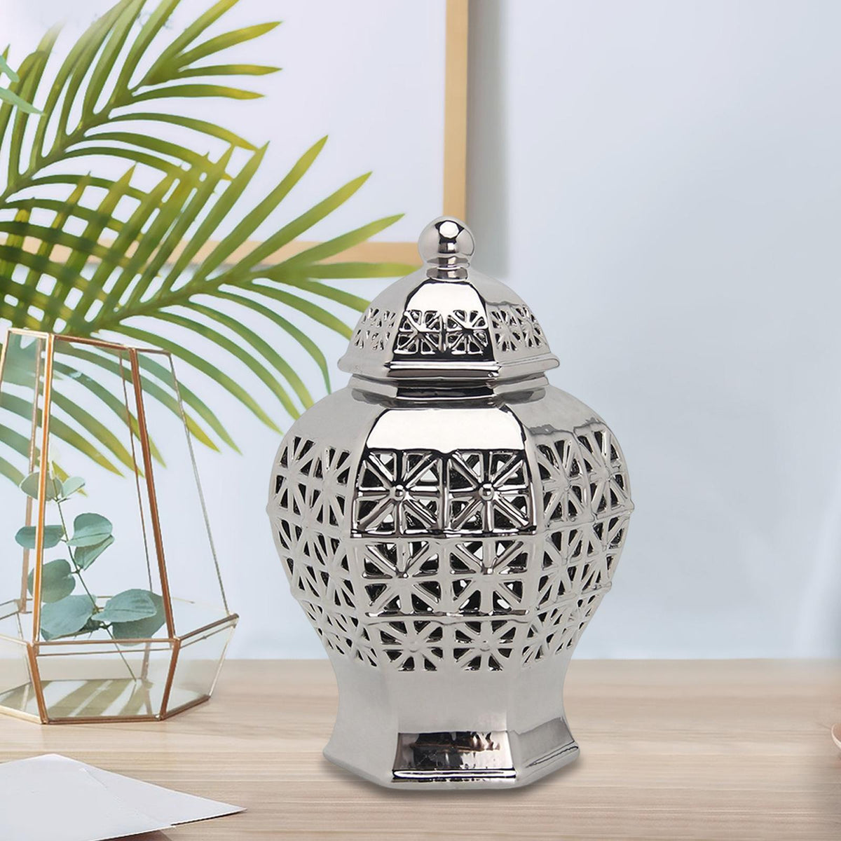 Maxbell Ceramic Ginger Jar Flower Vase with Lid Flower Plants Holder for Decor Silver L
