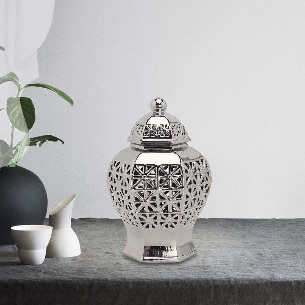 Maxbell Ceramic Ginger Jar Flower Vase with Lid Flower Plants Holder for Decor Silver L