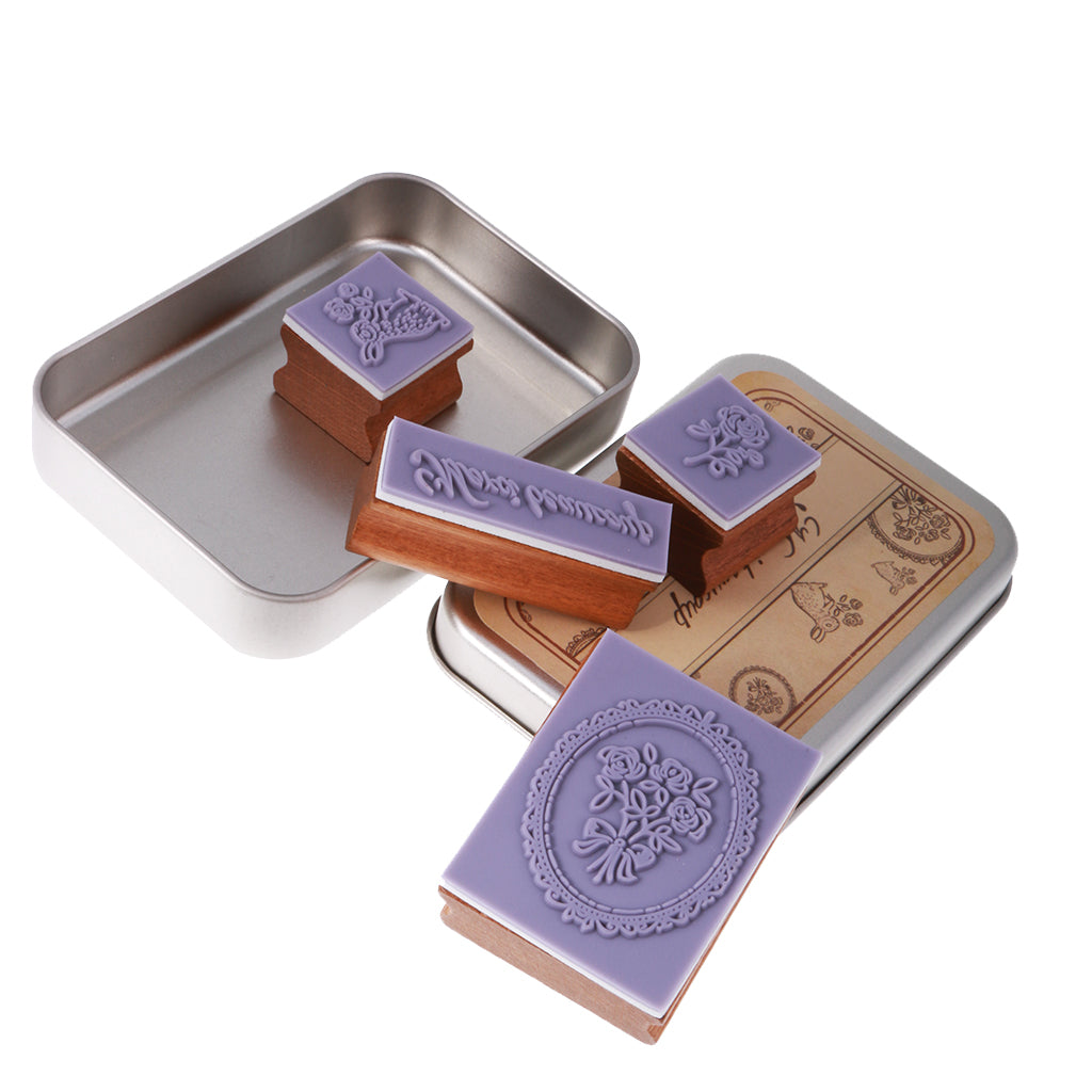 Maxbell 4pcs/ Set Retro Wood Stamp Scrapbooking DIY Card Making w Iron Box #2