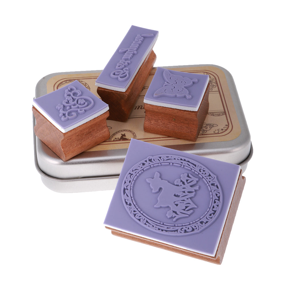 Maxbell 4pcs/ Set Retro Wood Stamp Scrapbooking DIY Card Making w Iron Box #1
