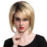 Maxbell Lady Real Human Hair Wig Blend Color Bob Hairpiece Oblique Bangs Heat Safe