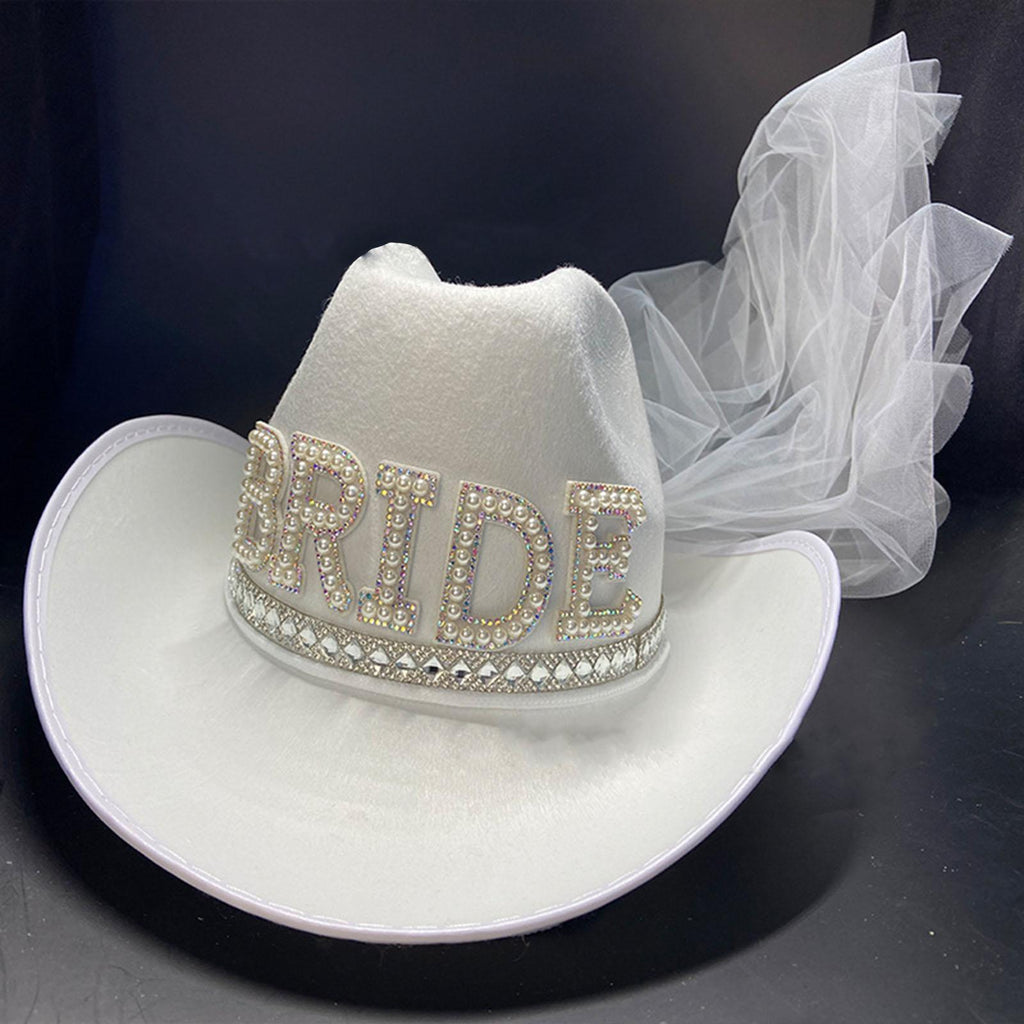 Maxbell Western Decor White Rhinestone Bride Veil Cowboy Hat Women for  Wedding