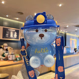 Maxbell 1000ml Cute Water Bottle with Straw Bear Shape for Office Travel Girls Blue