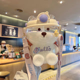 Maxbell 1000ml Cute Water Bottle with Straw Bear Shape for Office Travel Girls White