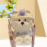 Maxbell 1000ml Cute Water Bottle with Straw Bear Shape for Office Travel Girls White