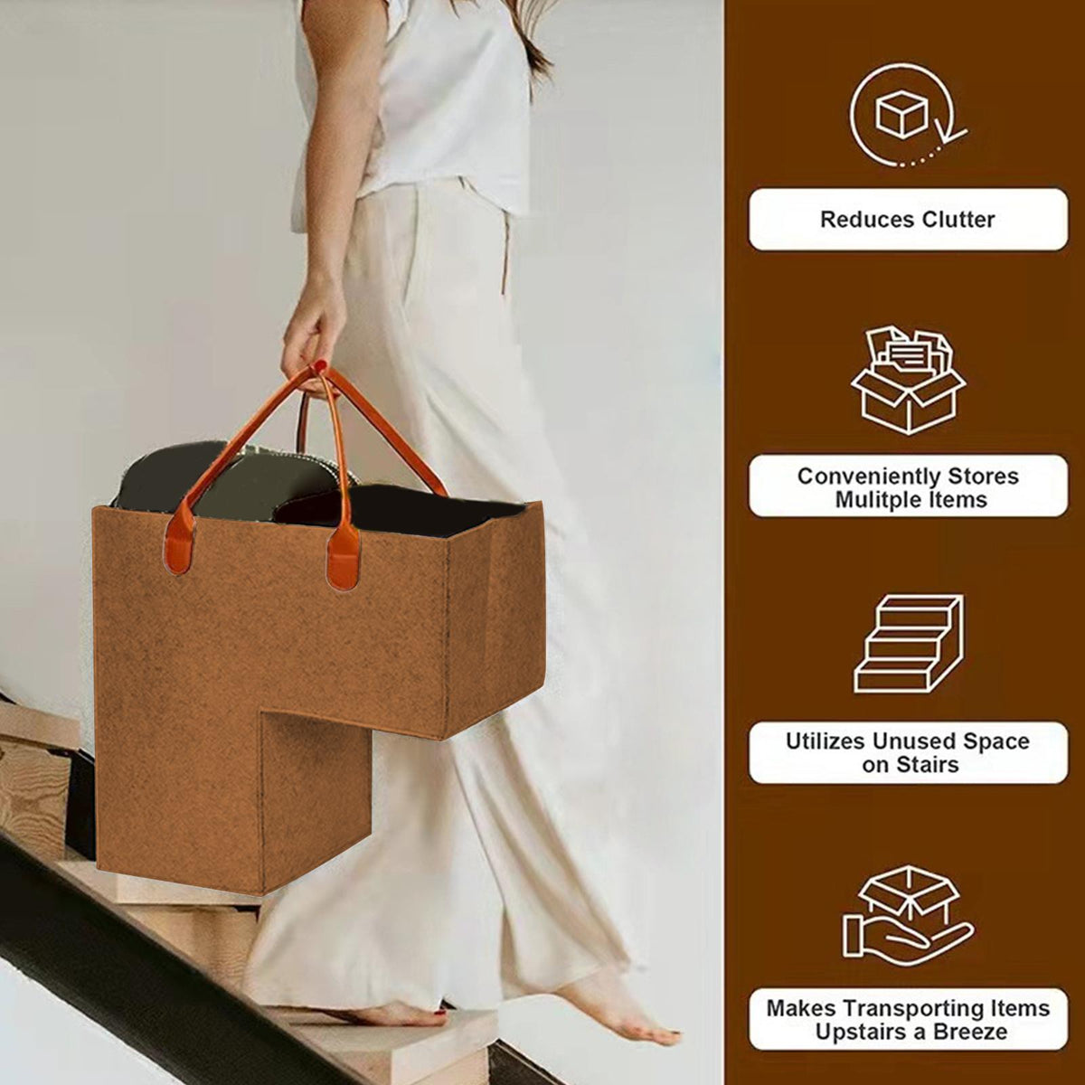 Maxbell Stair Organizer Basket Felt for Wooden Stairs Staircase Carpeted brown