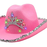 Maxbell Cowboy Cowgirl Hat with Tiara Western Style for Women Fancy Dress Party Feather brim