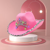 Maxbell Cowboy Cowgirl Hat with Tiara Western Style for Women Fancy Dress Party Feather brim