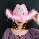 Maxbell Cowboy Cowgirl Hat with Tiara Western Style for Women Fancy Dress Party Feather brim