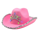 Maxbell Cowboy Cowgirl Hat with Tiara Western Style for Women Fancy Dress Party Feather brim