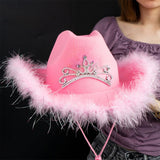 Maxbell Cowboy Cowgirl Hat with Tiara Western Style for Women Fancy Dress Party Feather brim