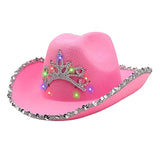 Maxbell Cowboy Cowgirl Hat with Tiara Western Style for Women Fancy Dress Party Feather brim