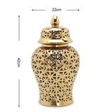 Maxbell Porcelain Hollow Ginger Jar with Lid Temple Jar Organizer Golden 22cmx42cm