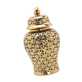 Maxbell Porcelain Hollow Ginger Jar with Lid Temple Jar Organizer Golden 22cmx42cm