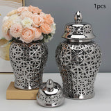 Maxbell Porcelain Hollow Ginger Jar with Lid Temple Jar Organizer Silver 19cmx36cm