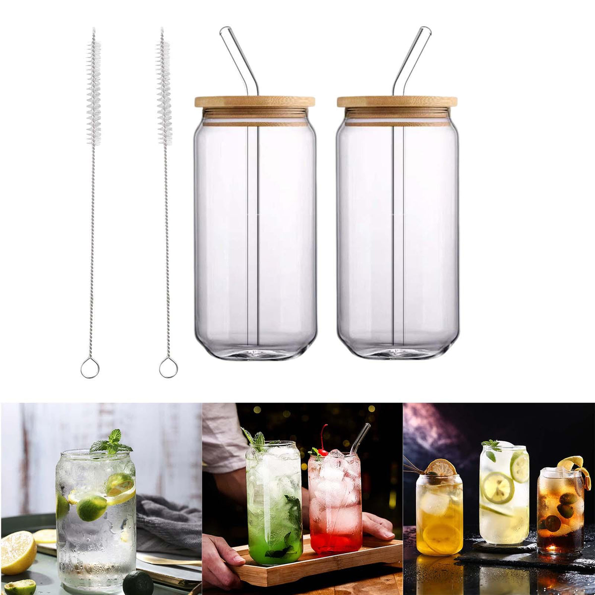 Maxbell Drinking Cup Glass w/ Bamboo Lid and Glass Straws Beer,Ice Coffee Mugs 500ml